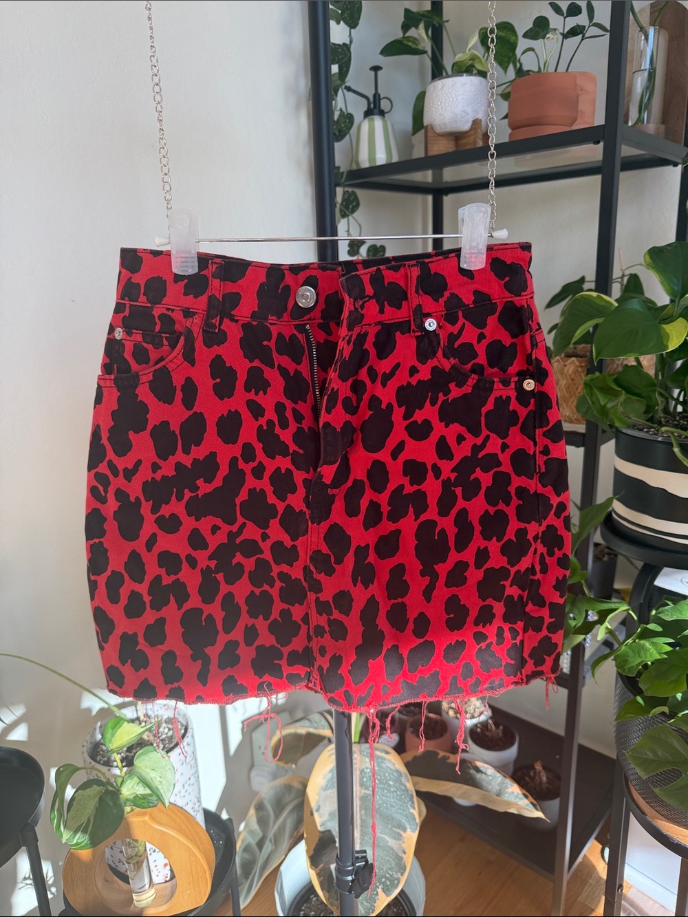 Topshop Red and Black Leopard-Print Mini Skirt